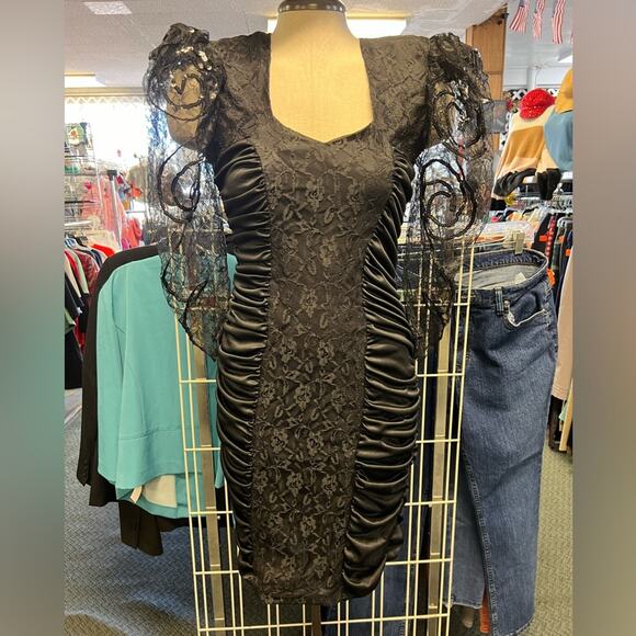 80s Mayvens of California Black Ruched Bodycon Dress Sheer Sequin Puff Sleeve 3 - Picture 1 of 7